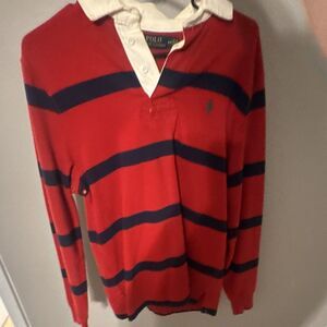 Polo Ralph Lauren Men's SMALL Red/Navy/White Striped Long Sleeve Logo Polo